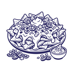 Fototapeta premium Plate of loaded nachos with cheese salsa and toppings detailed line art illustration tomatoes appetizer illustration monochrome engraved delicious culinary