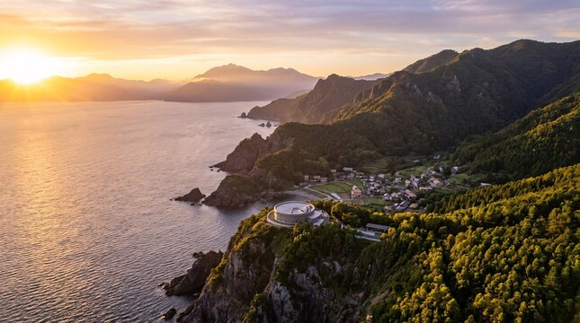 Sunset over coastal mountains and small village aerial view.