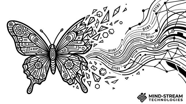 A futuristic butterfly icon emerges from a technological evolution in an illustration.