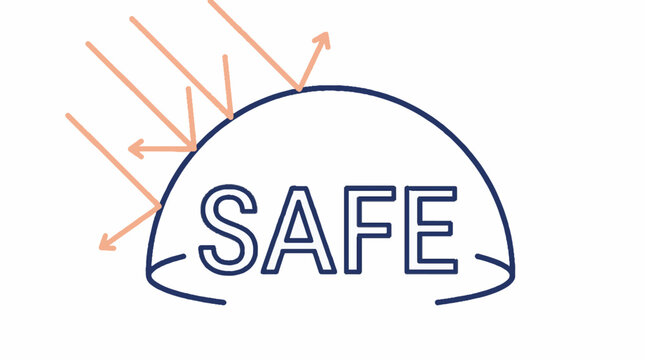 Vector illustration of the word SAFE inside a protective dome with arrows representing deflected light or radiation in a minimalist line art style