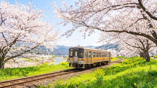Train travels through cherry blossoms in spring.