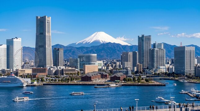 Yokohama skyline with Mount Fuji and harbor cruise ship.