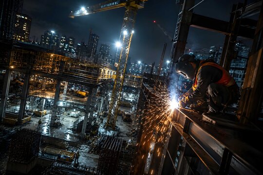Professional welder creating bright sparks on elevated steel beams during nighttime high rise construction project in modern urban environment
