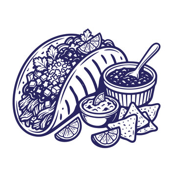 Mexican taco dinner set with salsa dip and tortilla chips tortilla illustration culinary appetizer restaurant homemade delicious traditional nutrition