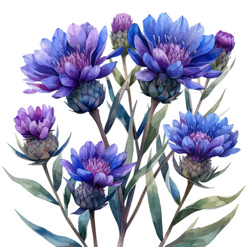 Centaurea Flower, elegant watercolor vector painting with refined details, isolated on a white background.
