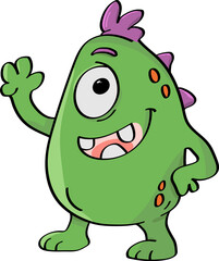 Fototapeta premium Cute Green One Eye Monster Character Waving Cartoon Vector Illustration