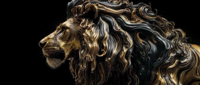 Surreal abstract majestic lion formed by swirling liquid gold and obsidian fluid dynamics on a black background