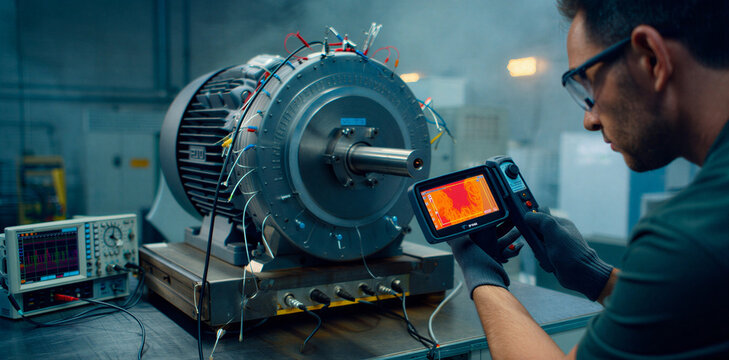 Engineer conducting thermal imaging inspection on large industrial electric motor in factory testing facility with inspection industrial facility engineer technology maintenance analysis