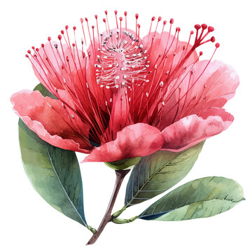 Calliandra Flower, charming vector painting in watercolor with whimsical textures, isolated on a white background.