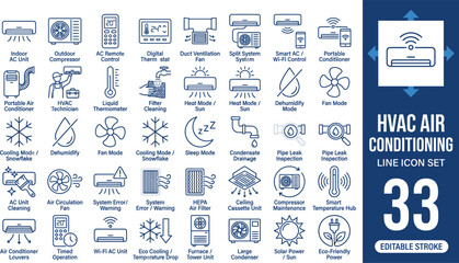 Naklejka premium hvac air conditioning line icon set featuring cooling system, heating, temperature, ventilation, cooling, smart, thermostat, and repair maintenance vector symbols.
