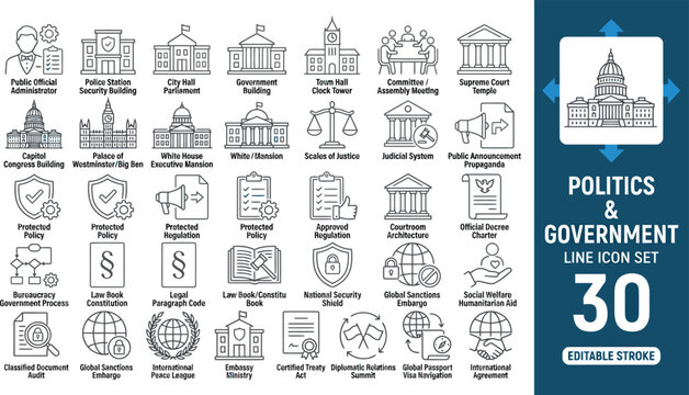 politics and government line icon set featuring democracy, election, and public policy symbols. Ideal for news apps, civic websites, and UI design. Fully editable.
