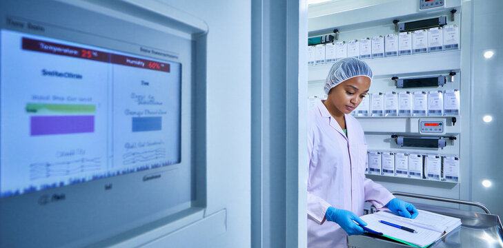 Female scientist wearing lab coat checking data and inventory logs in front of digital cryogenic storage freezer monitor with scientist laboratory monitoring research biotechnology