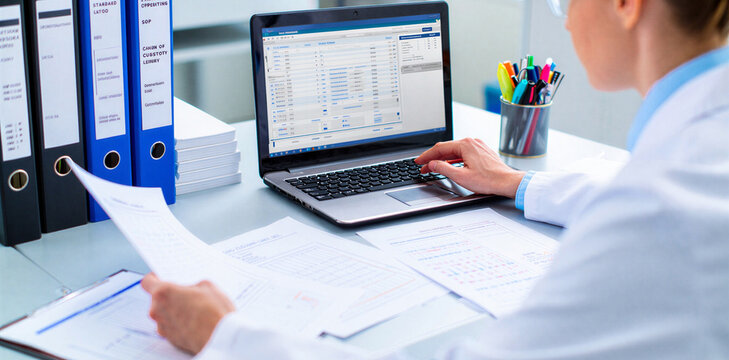Researcher working on laptop in medical office managing clinical data files and reports organized in binders with researcher laboratory administration biotechnology analysis pharmaceutical