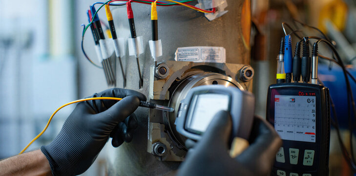 Industrial maintenance technician performing thermal inspection of electrical motor using infrared camera with technician inspection infrared industrial maintenance engineering electrical