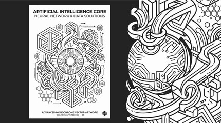 Naklejka premium Black and white icon pack features neural network with data solutions and artificial intelligence core.