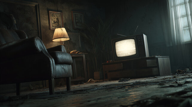 Haunted abandoned living room with static television and paranormal horror atmosphere