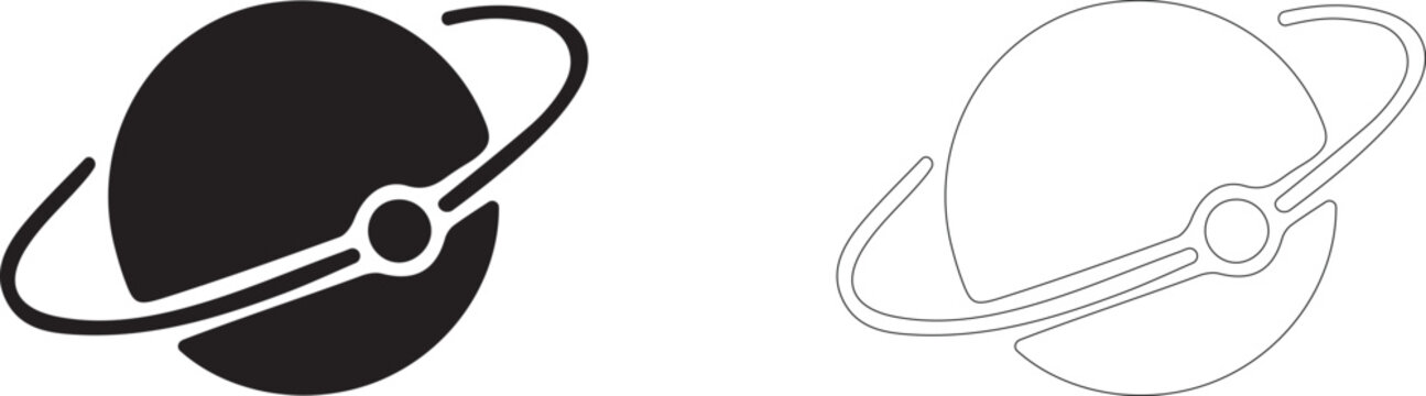 Planet with orbit vector icon, artificial satellite symbol, planetary trajectory, space exploration, astronomy and aerospace technology.