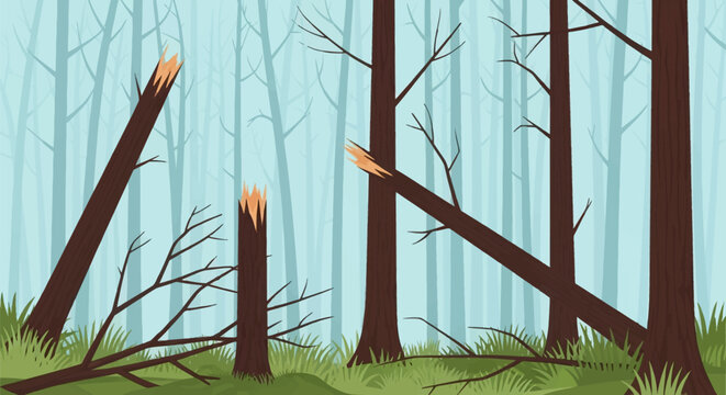 Vector illustration of a misty forest landscape featuring broken tree trunks and fallen branches after a storm, with jagged bark edges and vertical trees in a foggy background.