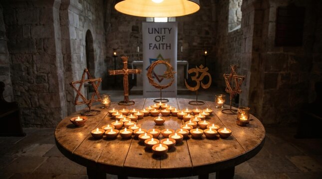 Spiritual unity expressed in glowing circle of candles representing devotion, purity, and sacred identity
