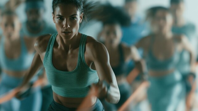 Energetic group of diverse adults using resistance bands in an indoor bootcamp captured with dynamic motion blur and sharp focus on the lead athlete.