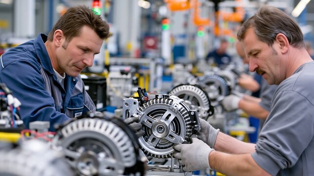 Medium shot of skilled workers assembling standard output alternators on a hightech production line focusing on precise mechanical fit and quality control.