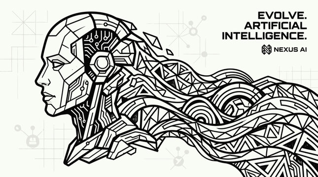 Illustration of futuristic robotic head with icon pack of mechanical details and artificial intelligence concept