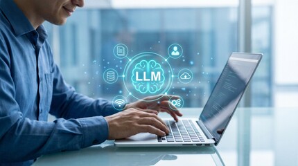 Fototapeta premium Professional worker using laptop with LLM hologram, AI tools, cloud data icons and automation interface in modern office.