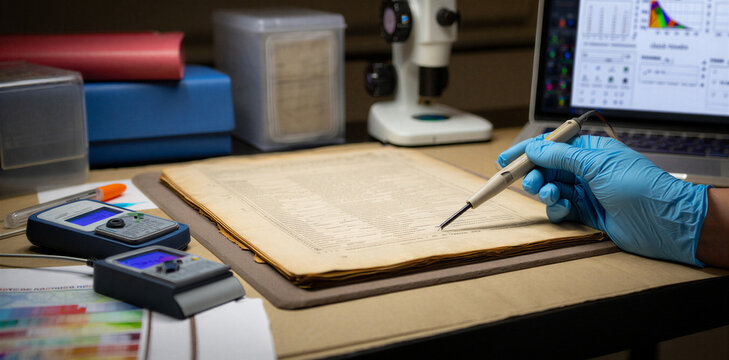 Scientist wearing nitrile gloves examining antique document manuscript using a magnifying lens and digital measurement devices in a research archive or preservation laboratory setting