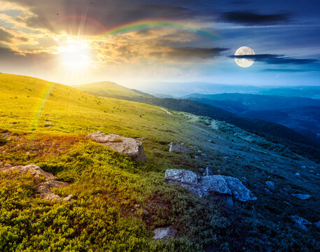 day meet night. mountain summer time landscape. sun and moon over meadow with giant stones among the grass on the hillside. epic view near the peak of mountain smooth at twilight. harmony concept