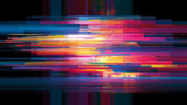 A vibrant and colorful abstract digital artwork with a black background and glitchy effects