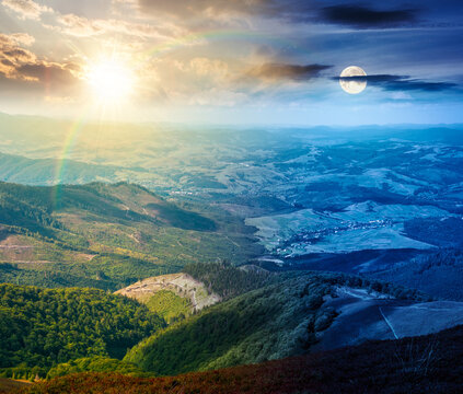 mountainous countryside scenery. day meet night. view of epic sky above the valley. sun and moon in harmony over colorful meadows and trees on hill. beautiful nature scenery of carpathians