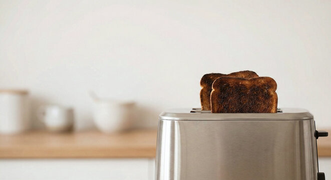 Burnt toast in a toaster. Kitchen accident. Overcooked breakfast. Unhealthy eating. Bad cooking skills.