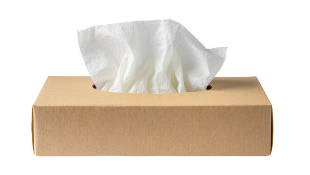 Cardboard tissue box with white tissues emerging from opening