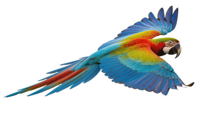 Obraz premium Scarlet Macaw parrot flying with vibrant colorful wings spread