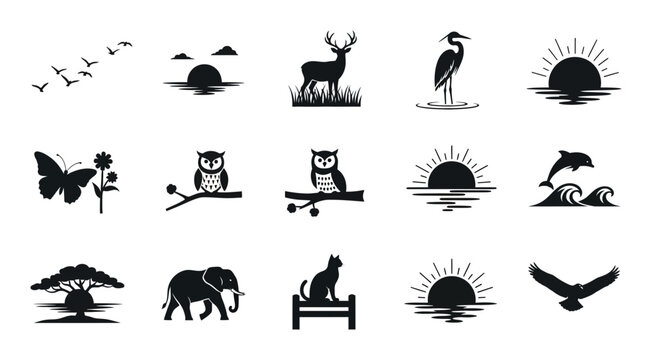 16 Animal icons, wildlife symbols, nature outline solid styles, UI and web interface design