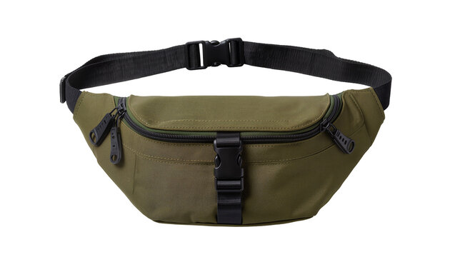 Olive green nylon waist bag with black buckle and zippers