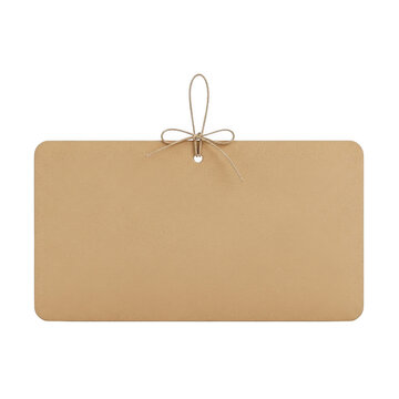 Blank rectangular kraft paper gift tag with decorative twine bow for retail labeling and personalized product packaging on white background isolated on a transparent background