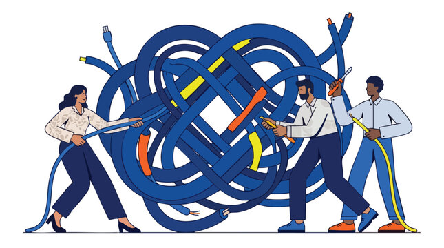 Diverse Technical Team Solving Complex System Bottlenecks and Untangling Infrastructure Chaos to Streamline Corporate Workflow Performance