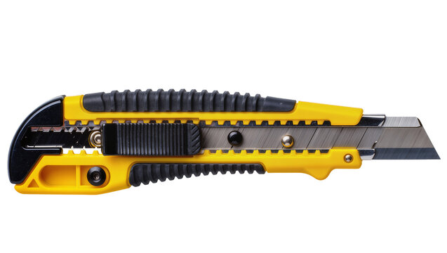 Yellow utility knife with black grip and metal blade