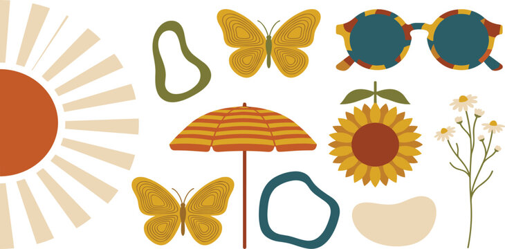 Boho Summer Elements Sticker Set Featuring Retro Sun Sunglasses Butterflies Sunflower Beach Umbrella and Abstract Organic Shapes Vector Illustration