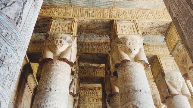 Beautiful vaults and bas-reliefs in the ancient temple complex of Dendera, Qena, Egypt.