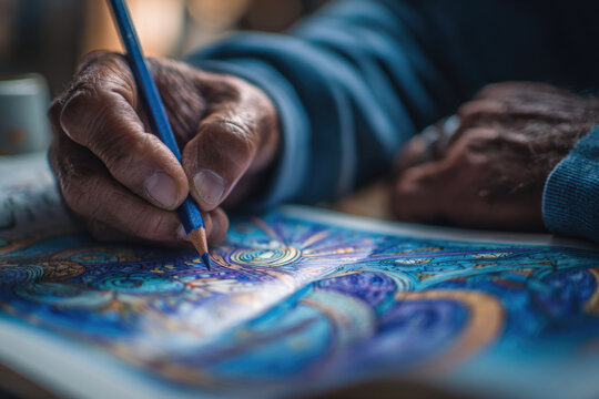 Elderly hands draw a pattern on paper with a blue pencil.