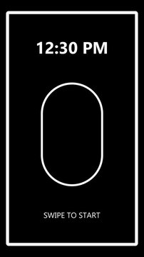 Abstract lock screen animation with clock and swipe to start text in minimalist dark aesthetic.