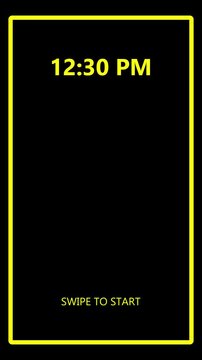 Minimalist digital lock screen animation featuring yellow clock and swipe up arrow indicator.