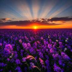 Obraz premium Purple lavender field during sunset with golden sky