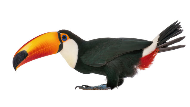Toco toucan bird with large colorful beak and red undertail coverts
