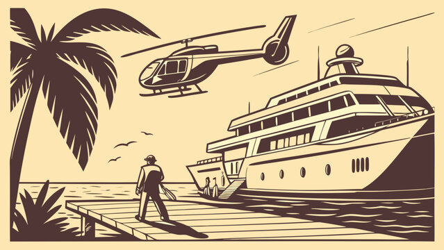 Luxury yacht and helicopter sit near a tropical pier while a man watches from the dock.