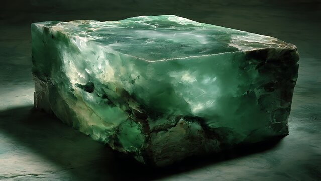 Raw Unpolished Green Jadeite Stone with Translucent Mineral Veins and Emerald Tones