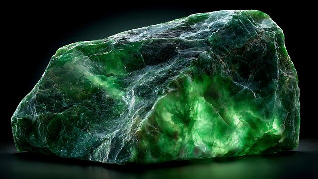 Raw Unpolished Green Jadeite Stone with Translucent Mineral Veins and Emerald Tones