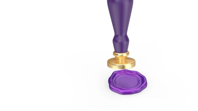 Stamping a purple wax seal with a metal seal stamper on a white background